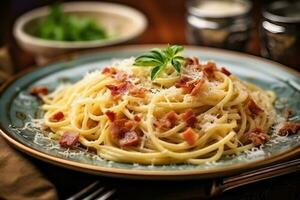 Lager Foto von Spaghetti alla Carbonara im Küche Tabelle ai generiert