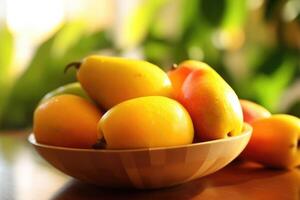 Mangos Obst im das Küche Tabelle Essen Fotografie ai generiert foto