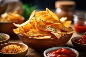 Chips und Dips im das Küche Tabelle Essen Fotografie ai generiert foto