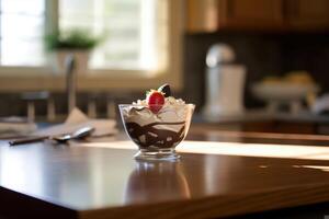 Schokolade Eisbecher im das Küche Tabelle Essen Fotografie ai generiert foto