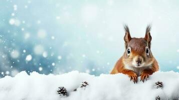 Eichhörnchen auf Schnee Hintergrund mit leeren Raum zum Text foto