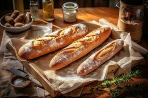 Lager Foto von Französisch Brot oder Stangenbrot im Küche Tabelle ai generiert