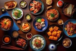 Lager Foto von Natt japanisch Essen im Küche Tabelle eben legen ai generiert