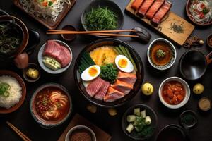 Lager Foto von Natt japanisch Essen im Küche Tabelle eben legen ai generiert