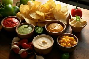 Chips und Dips im das Küche Tabelle Essen Fotografie ai generiert foto