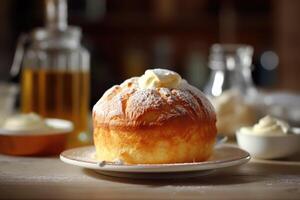 baba au Rum im das Küche Tabelle Essen Fotografie ai generiert foto