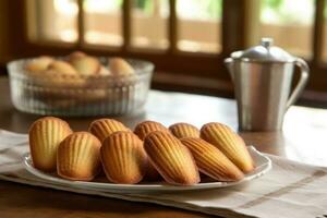 Madeleines im das Küche Tabelle Essen Fotografie ai generiert foto