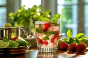 Erdbeere Mojito im das Küche Tabelle Essen Fotografie ai generiert foto