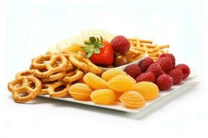Kalorie Snacks Weiß isoliert Hintergrund Essen Fotografie ai generiert foto