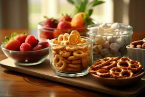 Kalorie Snacks im das Küche Tabelle Essen Fotografie ai generiert foto