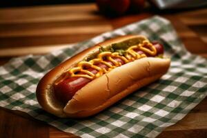 Lager Foto von Hotdog Brötchen im Küche Tabelle eben legen ai generiert