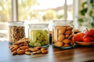 gesund Snacks im das Küche Tabelle Essen Fotografie ai generiert foto