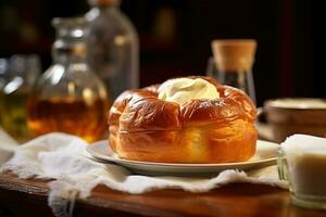 baba au Rum im das Küche Tabelle Essen Fotografie ai generiert foto