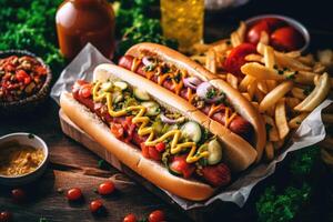 Lager Foto von Hotdog im Küche Tabelle eben legen ai generiert