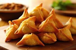 Samosa im das Küche Tabelle Essen Fotografie ai generiert foto