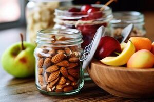 gesund Snacks im das Küche Tabelle Essen Fotografie ai generiert foto