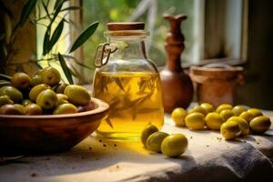 Olive Obst im das Küche Tabelle Essen Fotografie ai generiert foto