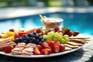 Schwimmbad Party Snack Essen Fotografie ai generiert foto