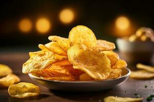 Lager Foto von Kartoffeln Chips Essen Fotostudio ai generiert