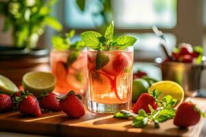 Erdbeere Mojito im das Küche Tabelle Essen Fotografie ai generiert foto