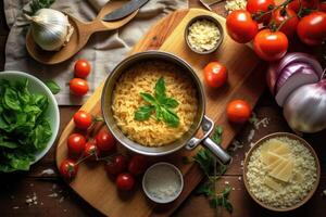 Risotto im das Küche Tabelle Essen Fotografie ai generiert foto