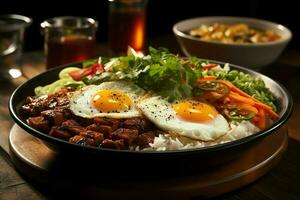 nasi goreng indonesisch traditionell Lebensmittel. gebraten Reis Hähnchen mit Eier und würzig Gewürze durch braten Konzept durch ai generiert foto