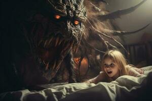 Kinder Albtraum ein enorm Monster- Anschläge ein wenig erschrocken Mädchen unter das Bett foto