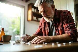 amerikanisch Mann im rot Hemd Gießen Tabletten von Rezept Pille Flasche foto