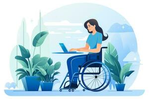 Frau im ein Rollstuhl Arbeiten Behinderung und Behinderung foto