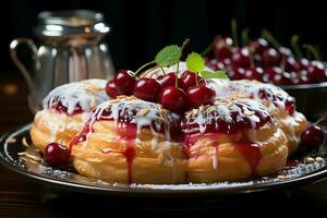 hausgemacht von köstlich Gebäck oder Pfannkuchen mit Obst Dänen und Kirsche. dänisch Gebäck und Dessert Konzept durch ai generiert foto