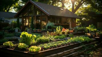 hölzern Haus im Dorf mit Pflanzen und Blumen im Hinterhof Garten. Garten und Blume auf ländlich Haus Konzept durch ai generiert foto