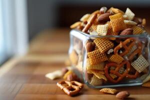 Snack mischen Verhältnis im das Küche Tabelle Essen Fotografie ai generiert foto