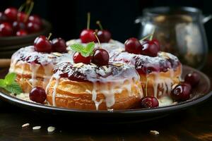 hausgemacht von köstlich Gebäck oder Pfannkuchen mit Obst Dänen und Kirsche. dänisch Gebäck und Dessert Konzept durch ai generiert foto