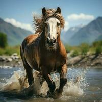 ein wild Pferd Laufen im das Bach. wild oder Bauernhof Tiere Konzept durch ai generiert foto