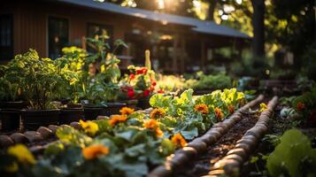 hölzern Haus im Dorf mit Pflanzen und Blumen im Hinterhof Garten. Garten und Blume auf ländlich Haus Konzept durch ai generiert foto