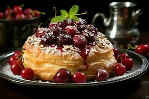 hausgemacht von köstlich Gebäck oder Pfannkuchen mit Obst Dänen und Kirsche. dänisch Gebäck und Dessert Konzept durch ai generiert foto