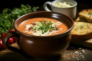 ein köstlich Tomate Suppe Essen im ein Schüssel. Winter Essen und gesund Protein Suppe Mahlzeit Konzept durch ai generiert foto