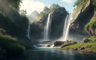 schön Wasserfall im das Wald. Wasserfall im das Berge. ai generativ foto
