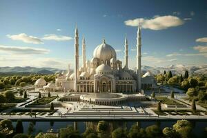 genial Gebäude von Moschee im Ramadan Schwingungen. Ramadan kareem eid Mubarak islamisch Moschee Konzept durch ai generiert foto