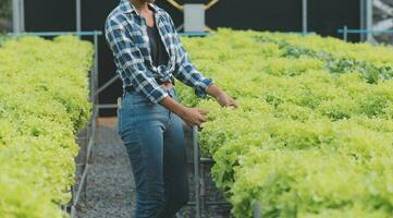 asiatisch Frau Farmer mit Digital Tablette im Gemüse Garten beim Gewächshaus, Geschäft Landwirtschaft Technologie Konzept, Qualität Clever Bauer. foto