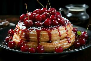 hausgemacht von köstlich Gebäck oder Pfannkuchen mit Obst Dänen und Kirsche. dänisch Gebäck und Dessert Konzept durch ai generiert foto