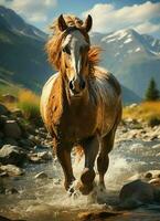 ein wild Pferd Laufen im das Bach. wild oder Bauernhof Tiere Konzept durch ai generiert foto