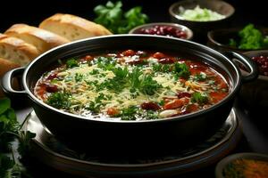 ein köstlich Minestrone Suppe Essen im ein Schüssel. Italienisch Essen und gesund Protein Suppe Mahlzeit Konzept durch ai generiert foto