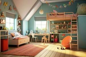 modern Kind Schlafzimmer Innere Design im Haus mit Dekoration Kinder. bunt Kinder Schlafzimmer Konzept durch ai generiert foto