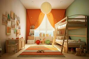 modern Kind Schlafzimmer Innere Design im Haus mit Dekoration Kinder. bunt Kinder Schlafzimmer Konzept durch ai generiert foto