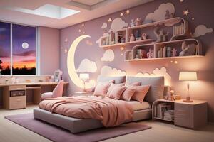 modern Kind Schlafzimmer Innere Design im Haus mit Dekoration Kinder. bunt Kinder Schlafzimmer Konzept durch ai generiert foto