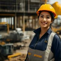 Frau Ingenieur Arbeiten auf ein Konstruktion Grundstück, Konstruktion schwer Hut und Arbeit weste.generativ ai. foto