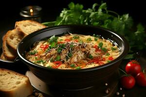 ein köstlich Hähnchen Suppe Essen mit Gemüse im ein Schüssel. Winter Essen und hoch Protein Suppe Mahlzeit Konzept durch ai generiert foto