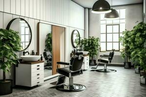 modern Friseur Innere mit Spiegel Stuhl und andere Ausrüstung in der Nähe von Fenster. Stühle im Friseur Konzept durch ai generiert foto