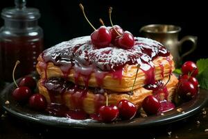 hausgemacht von köstlich Gebäck oder Pfannkuchen mit Obst Dänen und Kirsche. dänisch Gebäck und Dessert Konzept durch ai generiert foto